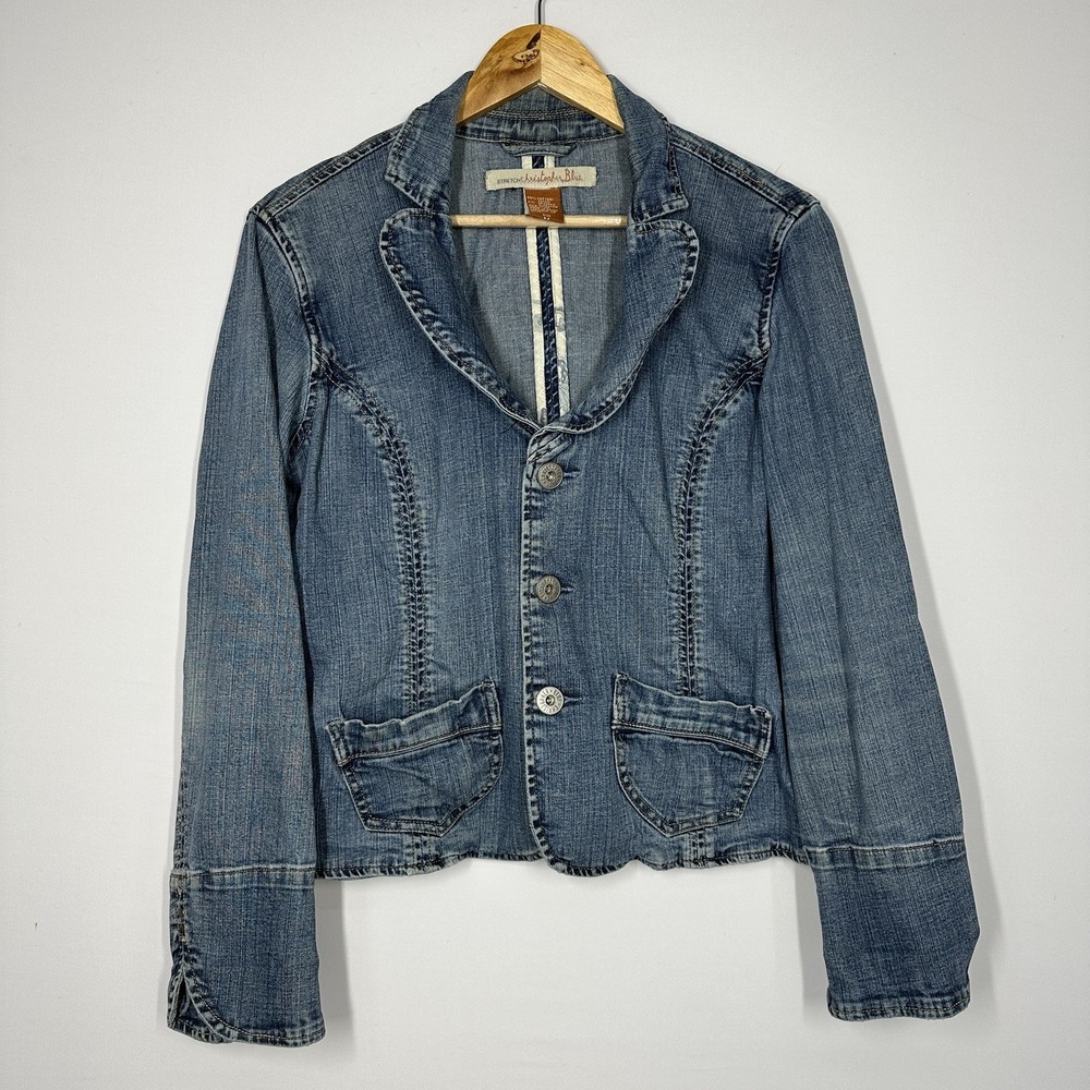 vintage Christopher Blue medium wash denim blazer lapel collar Jean jacket Y2K